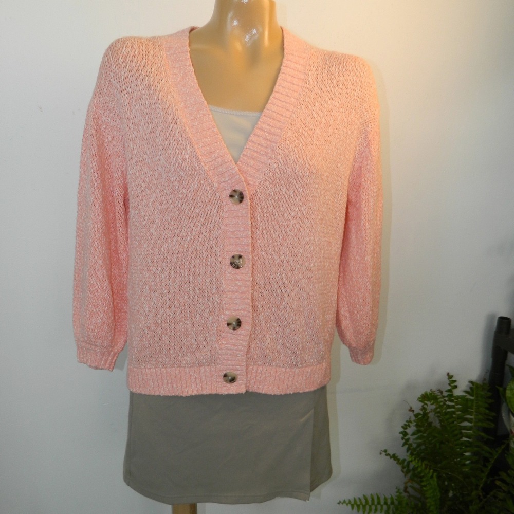 LOFT Cardigan Sweater Womens Small Pink Marled V-Neck Button Front 3/4 Sleeve